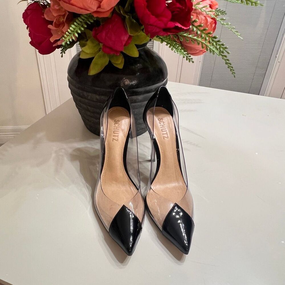 Schutz Women's Cendi Transparent Pointed Toe High Heels Pump Black Clear Size 7B